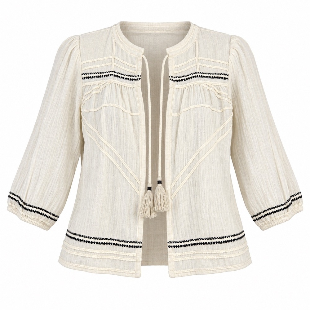 See and Be Seen Size S Cream Linen Blend Embroidered Tassel Resort Boho Jacket